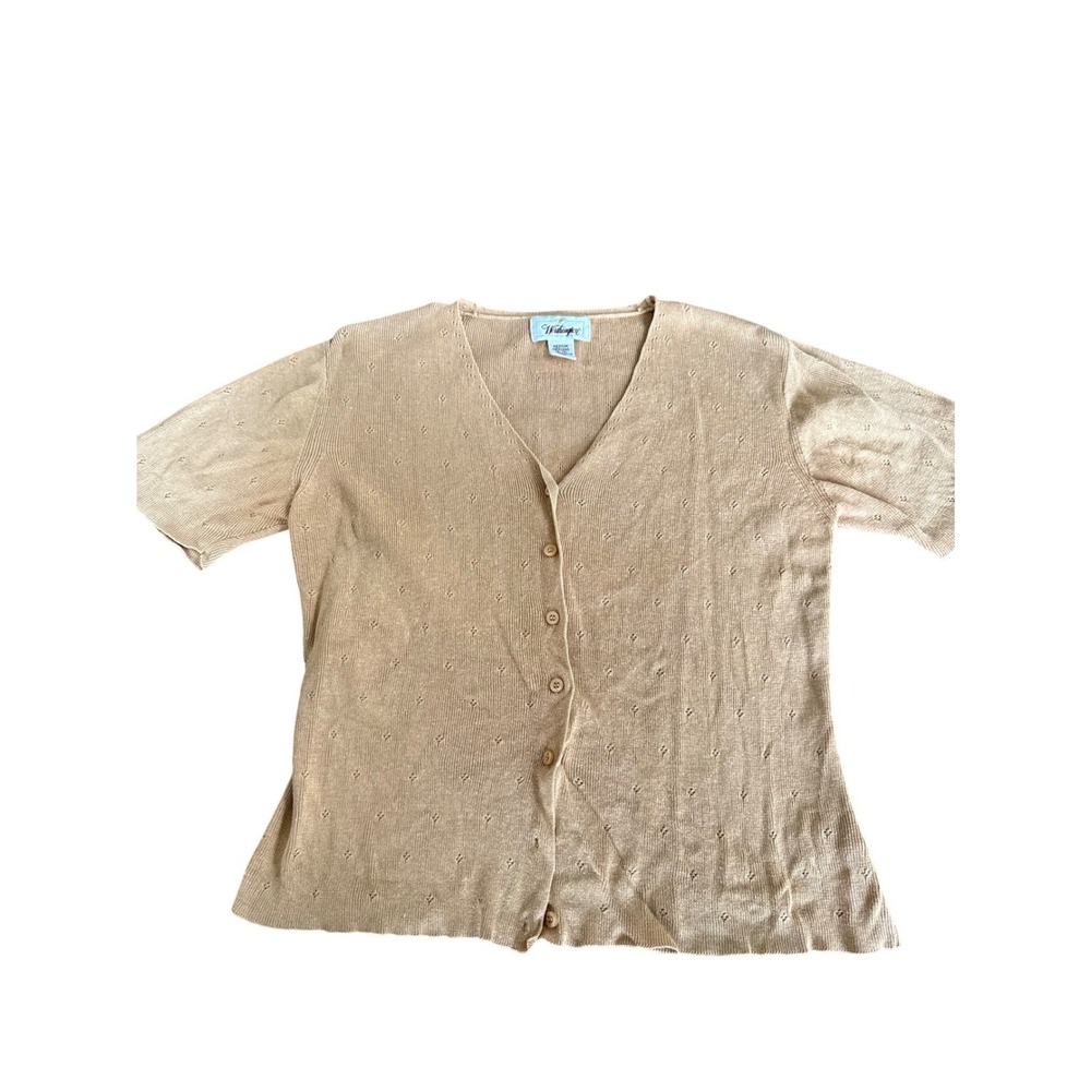 Worthington Cardigan Pointelle Knit Beige Ramie Cotton Short Sleeve Women Medium